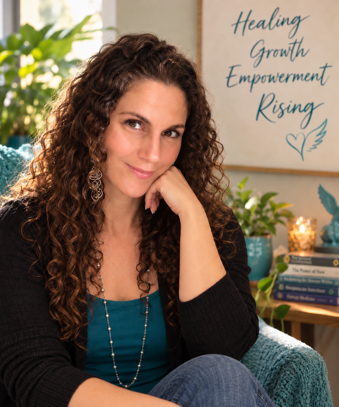 Kimberly, the founder of Teal Wings Rising, seated in a warm plant-filled healing space with the words Healing, Growth, Empowerment, Rising on the wall behind her.